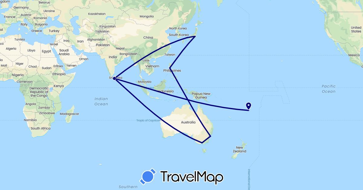 TravelMap itinerary: driving in Australia, Japan, Sri Lanka, Malaysia, Philippines (Asia, Oceania)